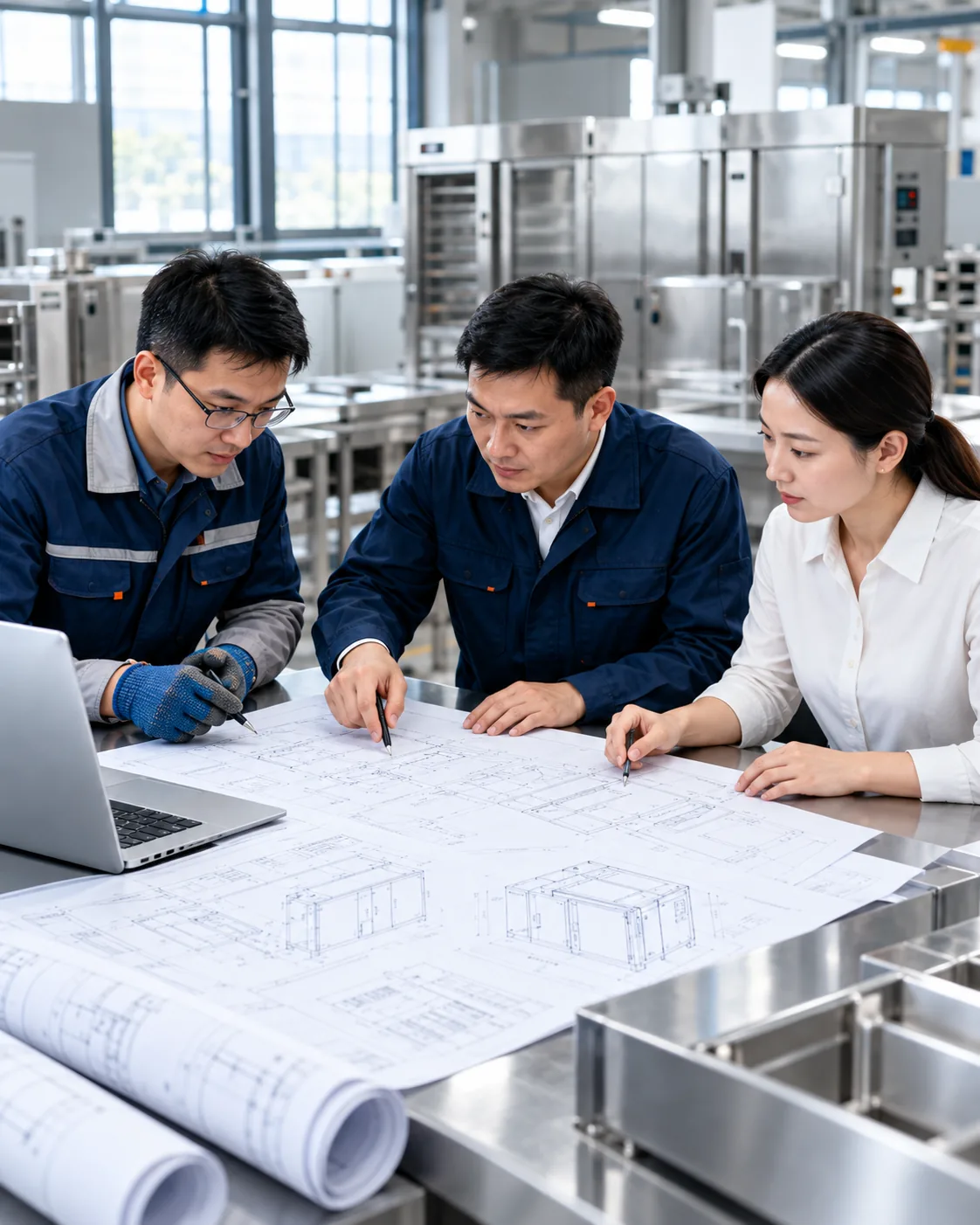 Concept image of engineers reviewing cabinet drawings with a buyer