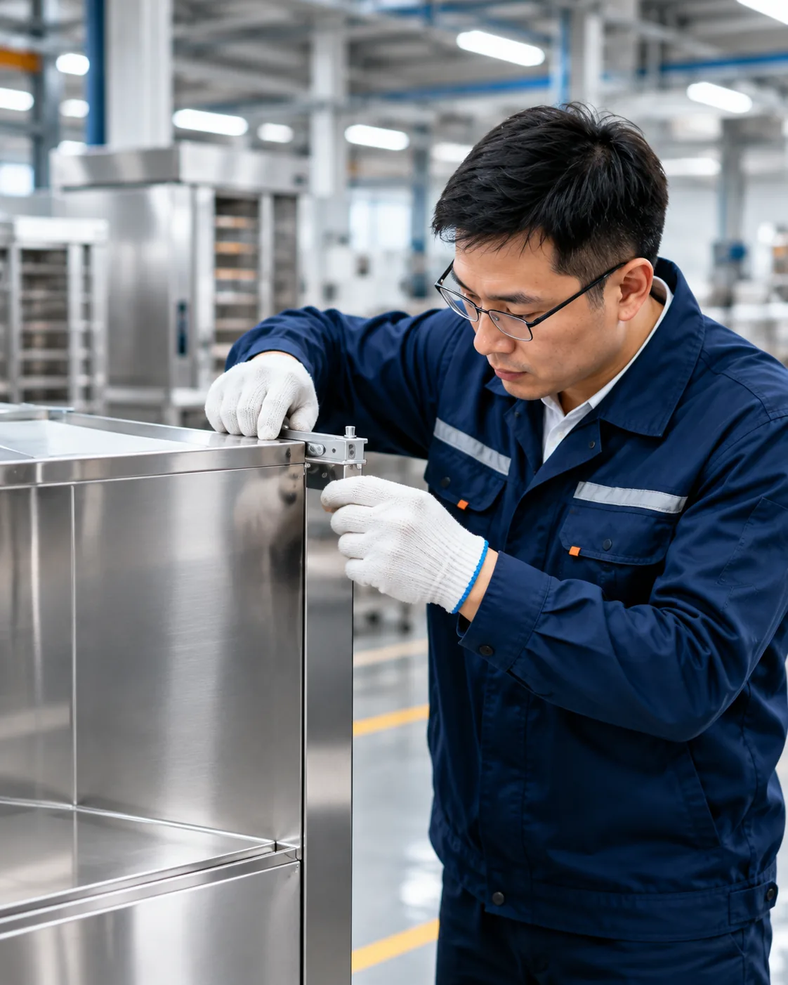 Concept image of a technician checking a stainless cabinet joint