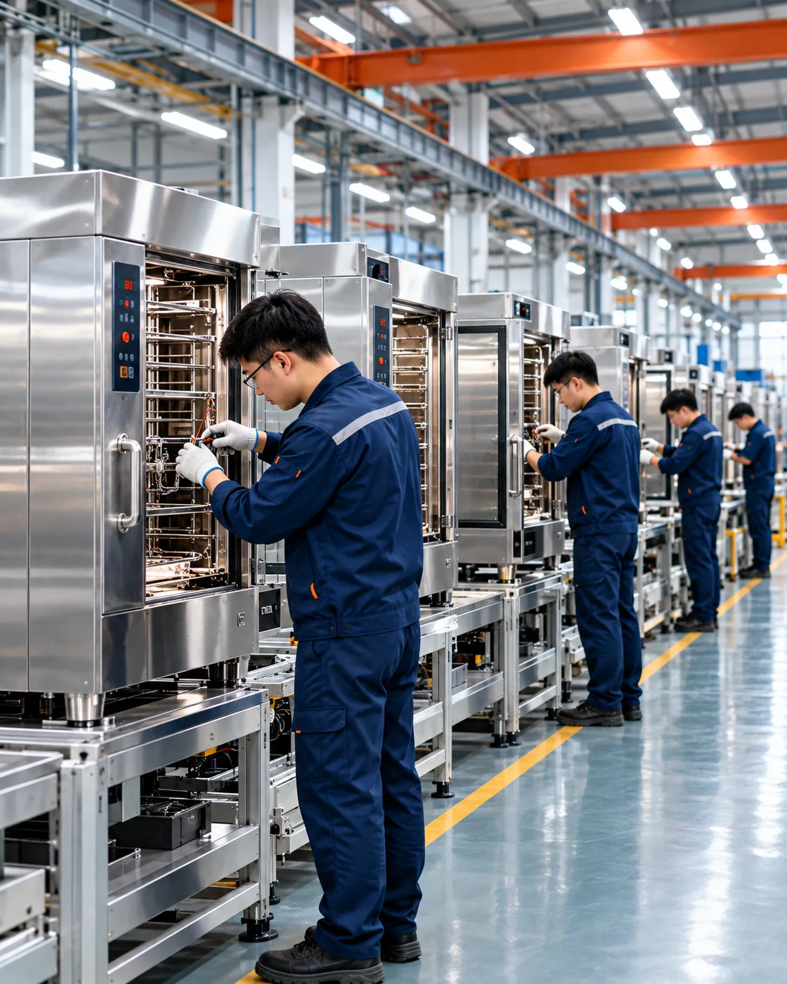 Concept image of an assembly line of stainless steaming cabinets