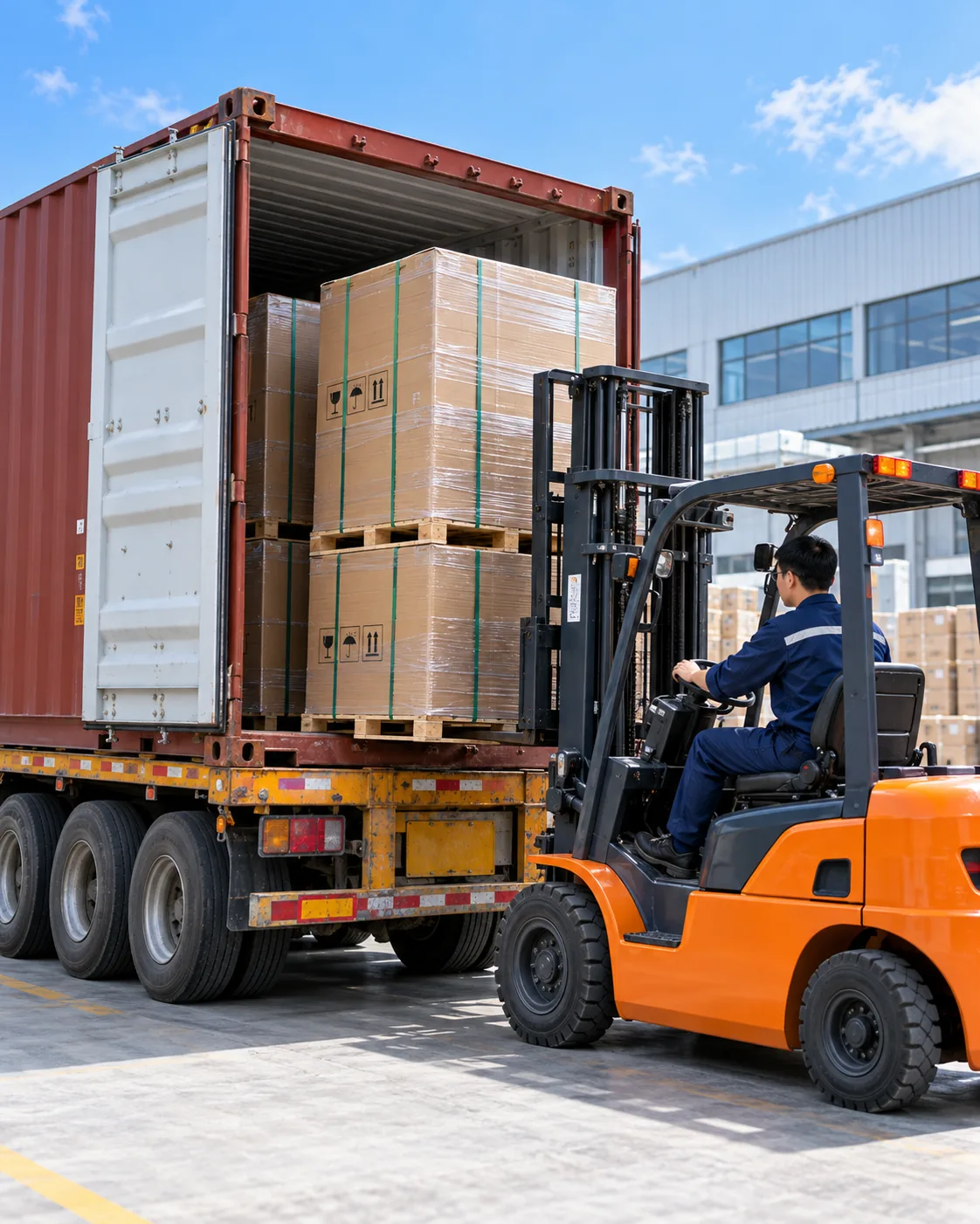 Concept image of a forklift loading crated equipment into a container