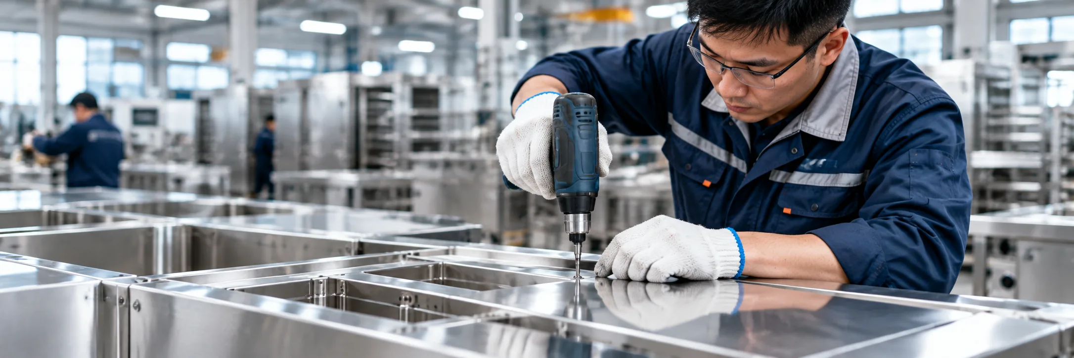 Concept image of stainless cabinet frames on an assembly line