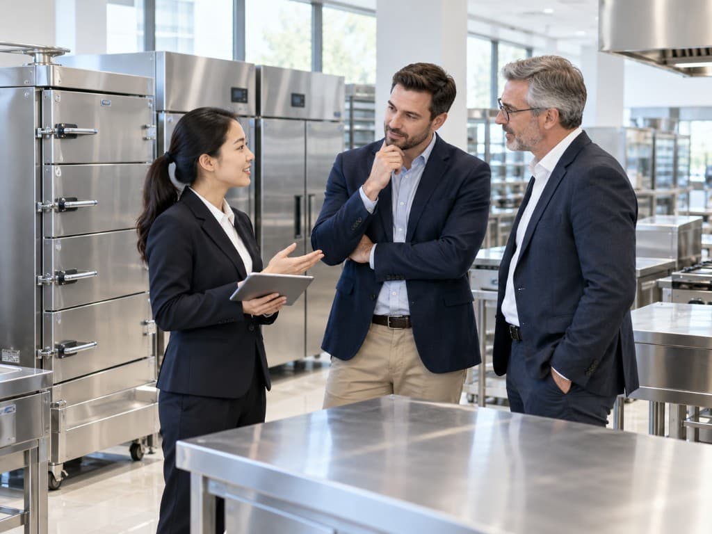 Sales team discussing stainless kitchen equipment with buyers