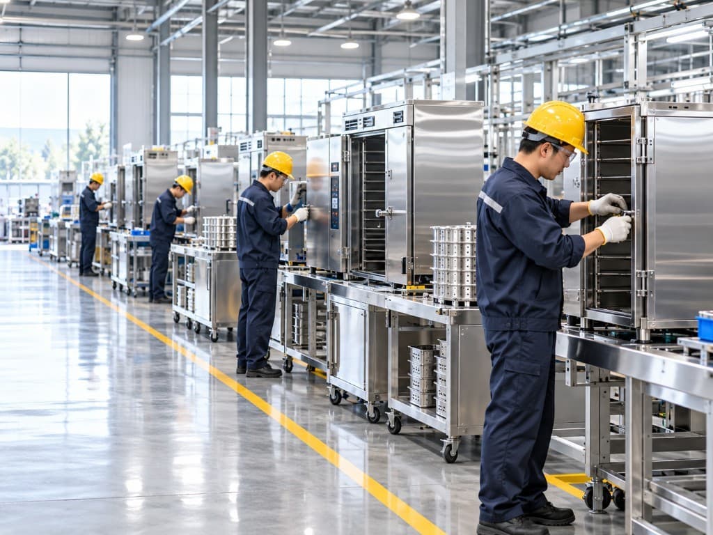 Workers assembling stainless kitchen equipment on the production line