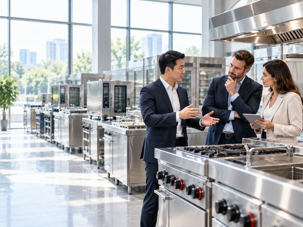 Buyers reviewing commercial kitchen equipment in a showroom