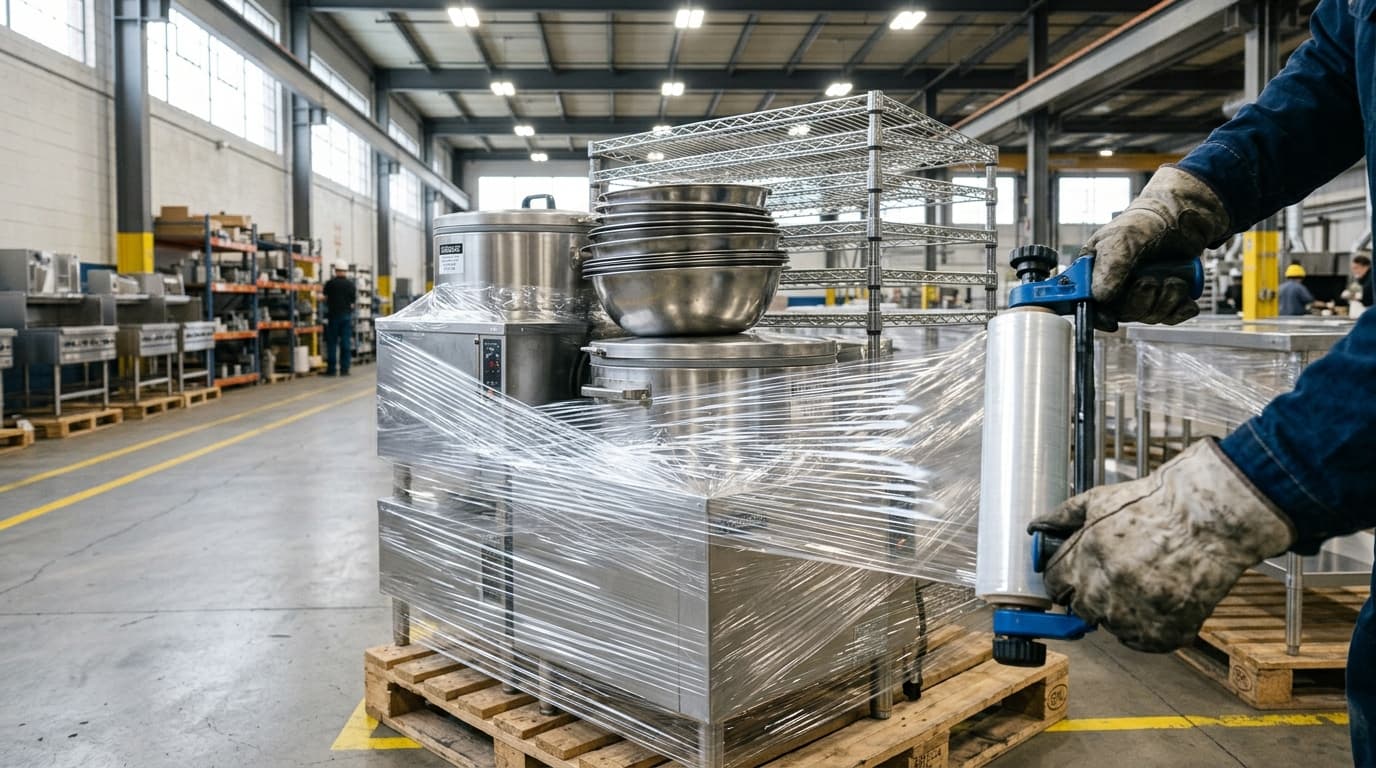 Illustration of commercial kitchen equipment wrapped on a pallet