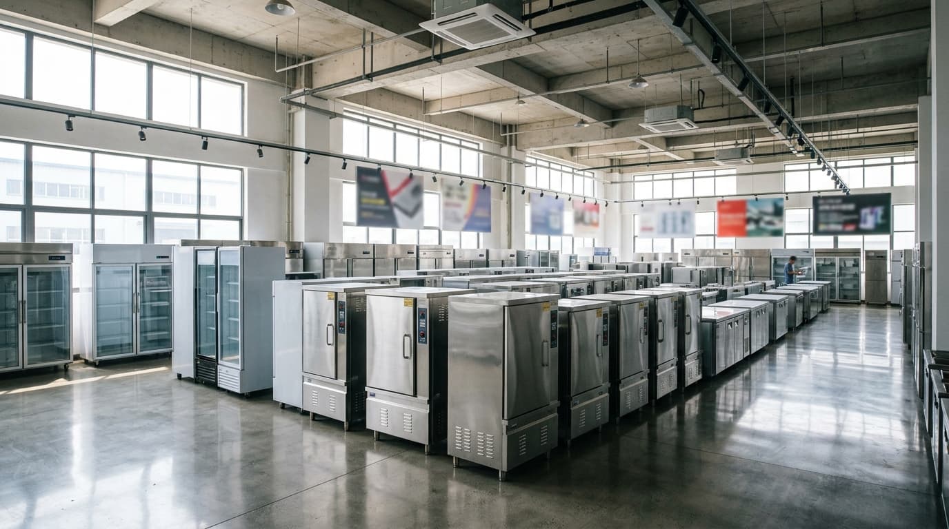 Illustration of commercial kitchen cabinets in an equipment hall